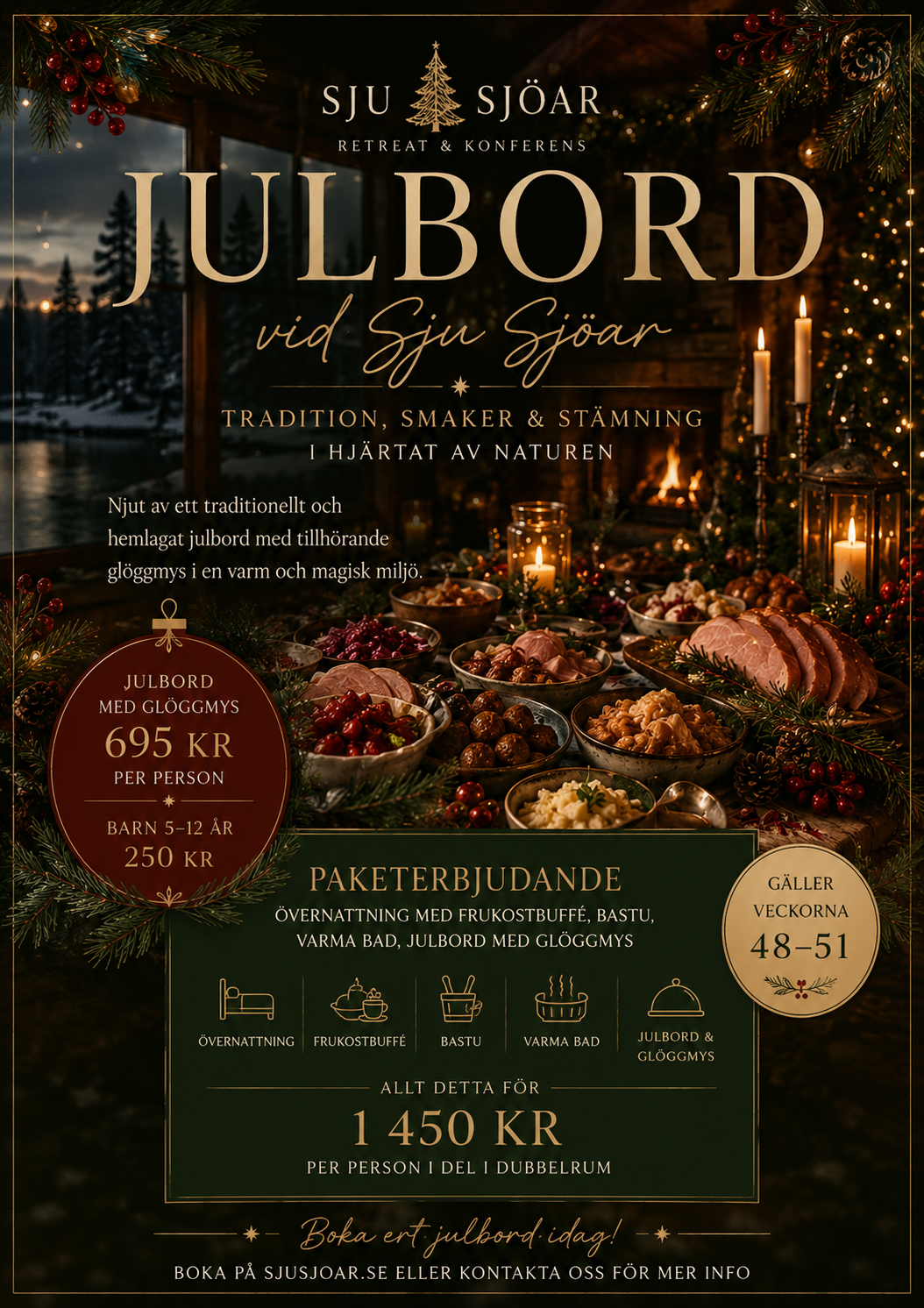 Julbord på Sju Sjöar 2026 – julbord med glöggmys och övernattningspaket