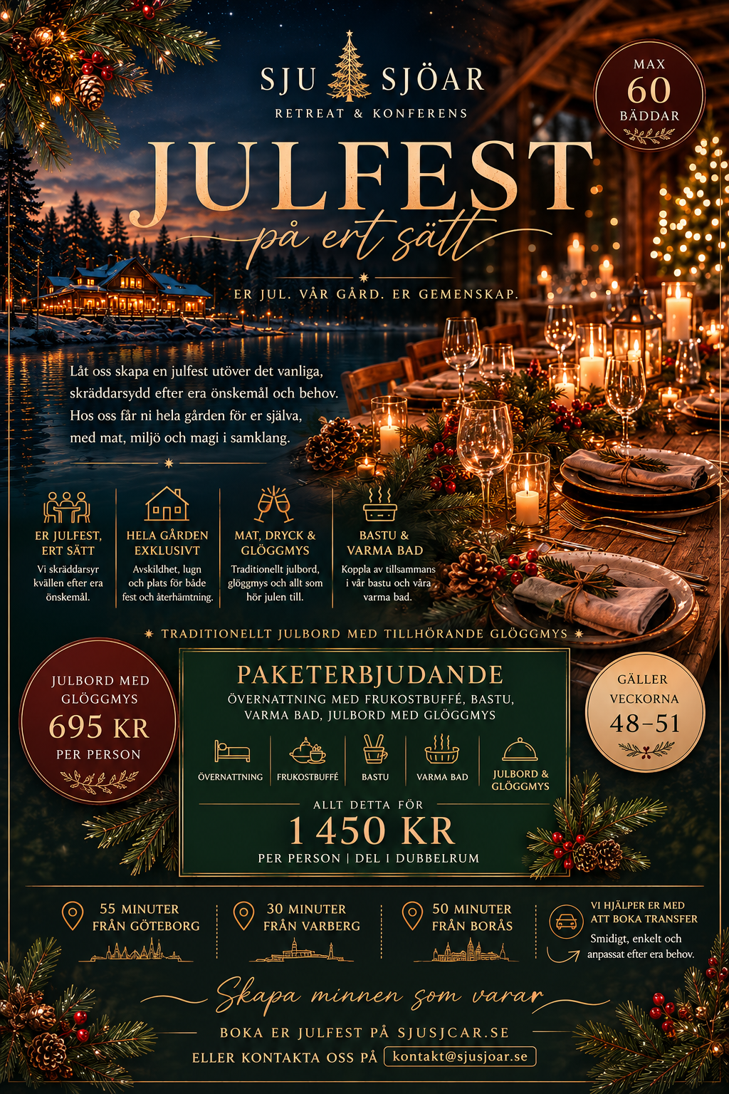 Julfest för företag på Sju Sjöar 2026 – gården exklusivt och paket med övernattning